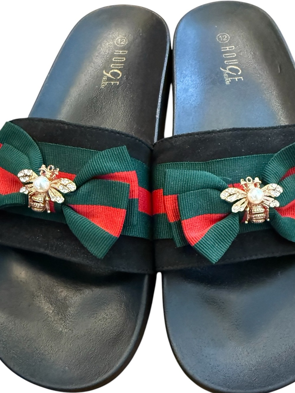 Rouge Helium Bee Bow Slide Sandals Black Striped 12 Rose Gold Rhinestones Pearl - Picture 3 of 12